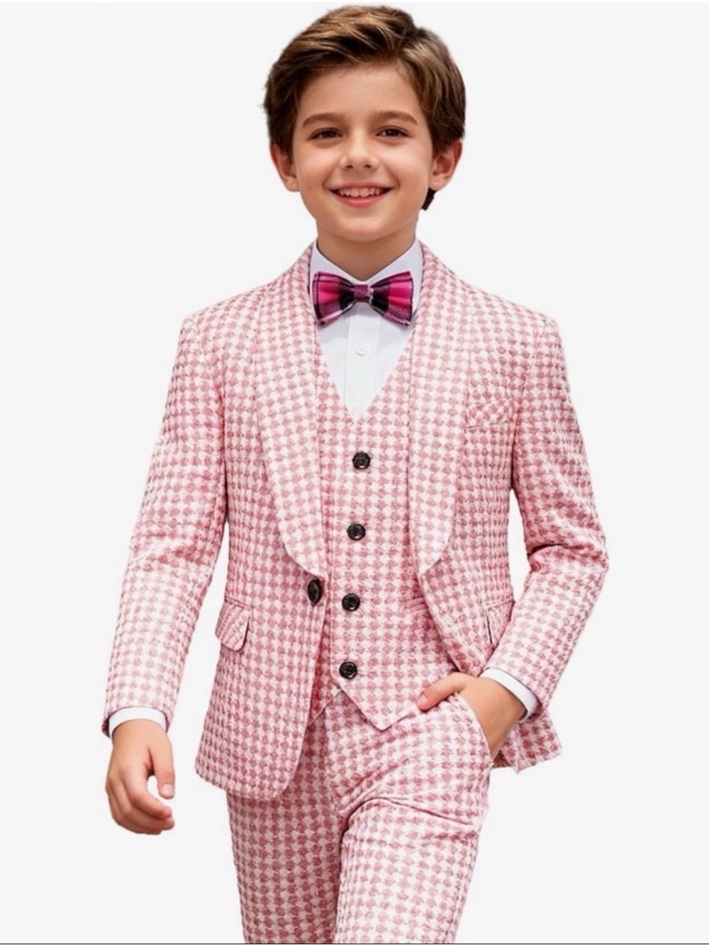 UNINUKOO Boys Pink Houndstooth 3-Piece Suit NO Bow Tie